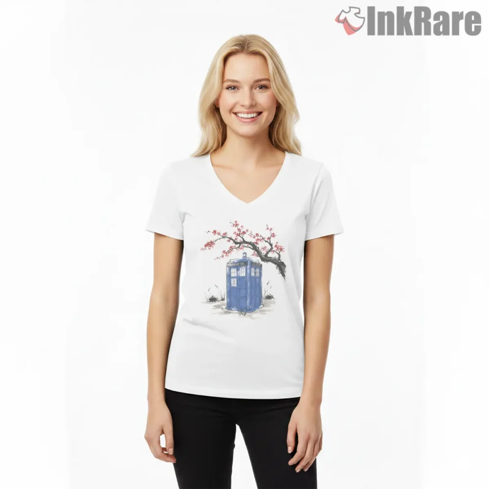 Tardis Spring Blossom Minimal Nature Scene Shirt on white v-neck shirt for women graphic tee