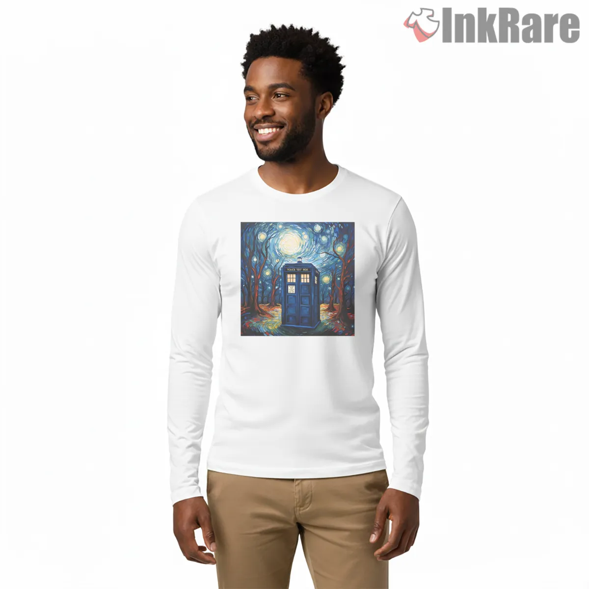 Tardis Starry Night Van Gogh Inspired Art Long Sleeve White Tardis Starry Night Van Gogh Inspired Art Shirt on white long sleeve shirt for men graphic tee