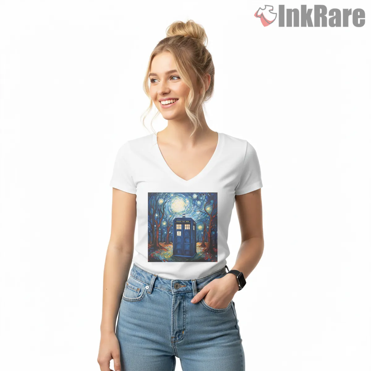 Tardis Starry Night Van Gogh Inspired Art V Neck White Tardis Starry Night Van Gogh Inspired Art Shirt on white v-neck shirt for women graphic tee