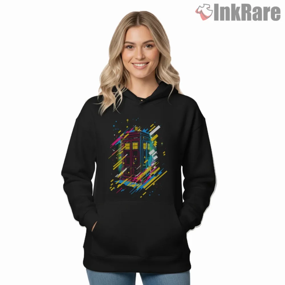 Tardis Synthwave Neon Grid Time Machine Shirt on black hoodie for women graphic tee
