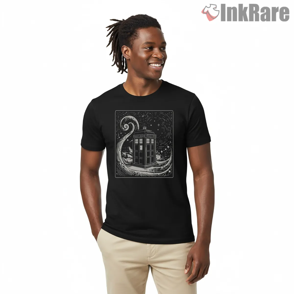Tardis Tarot Card Mystical Cosmic Illustration Short Sleeve Black Tardis Tarot Card Mystical Cosmic Illustration Shirt on black short sleeve shirt for men graphic tee