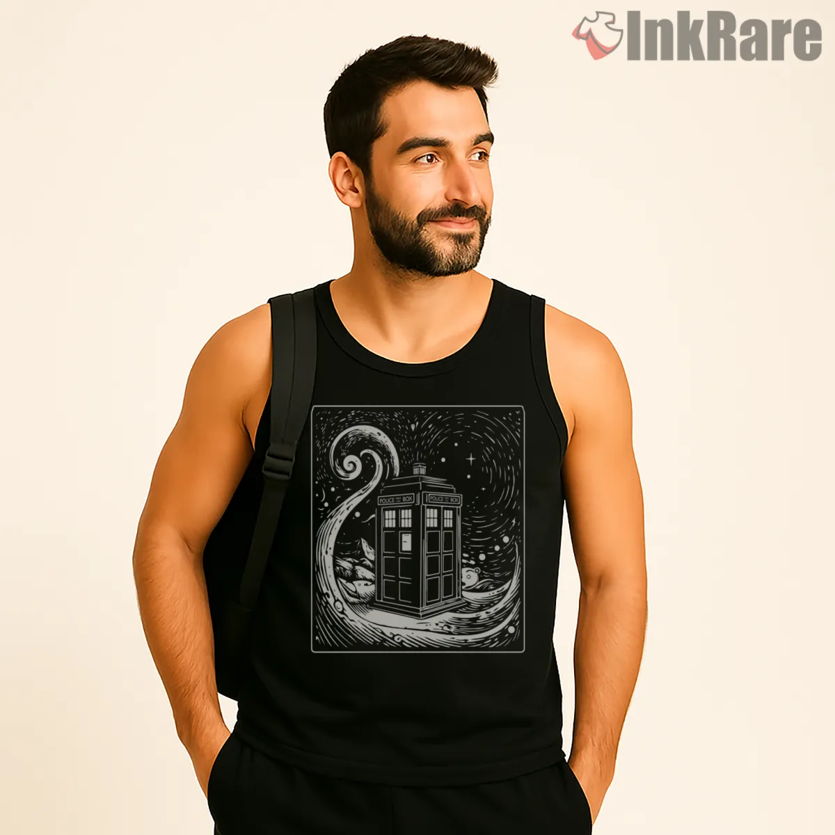 Tardis Tarot Card Mystical Cosmic Illustration Tank Top Black Tardis Tarot Card Mystical Cosmic Illustration Shirt on black tank top for men graphic tee