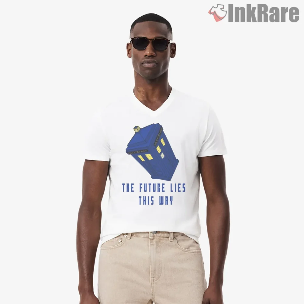 Tardis The Future Lies This Way Minimal Graphic Shirt on white v-neck shirt for men graphic tee