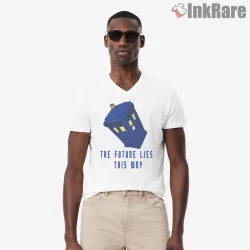 Tardis The Future Lies This Way Minimal Graphic Shirt on white v-neck shirt for men graphic tee