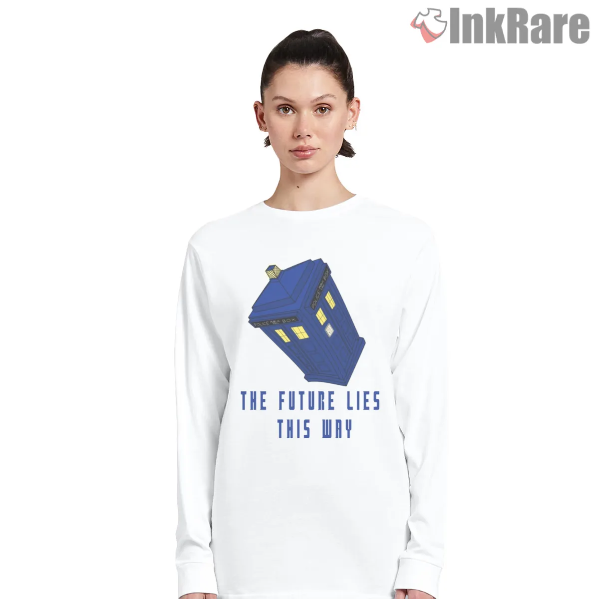 Tardis The Future Lies This Way Minimal Graphic Shirt on white long sleeve shirt for women graphic tee