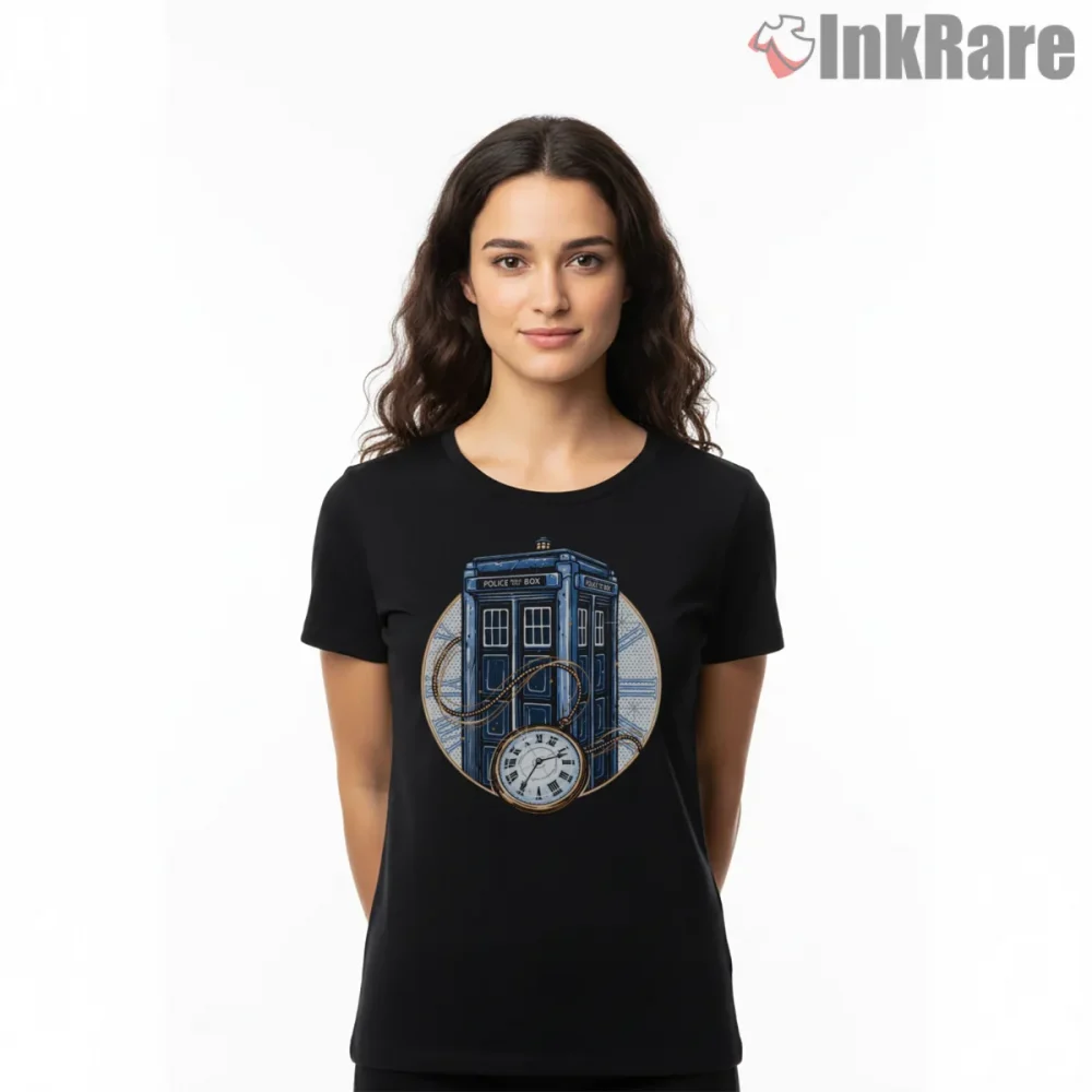 Tardis Time Lord Clockwork Vintage Steampunk Shirt on black short sleeve shirt for women graphic tee