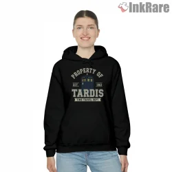 Tardis Time Travel Department Vintage Badge Shirt on black hoodie for women graphic tee