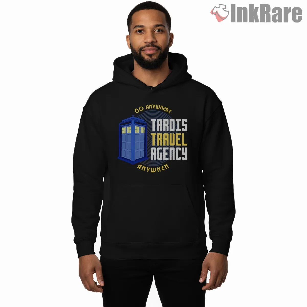 Tardis Travel Agency Vintage Badge Logo Hoodie Black Tardis Travel Agency Vintage Badge Logo Shirt on black hoodie for men graphic tee