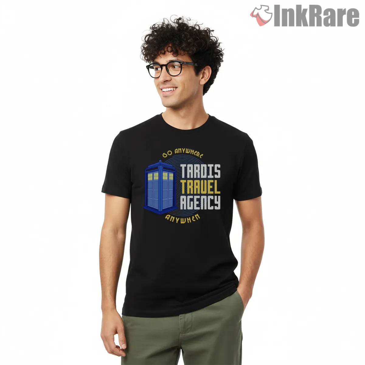 Tardis Travel Agency Vintage Badge Logo Shirt on black short sleeve shirt for men graphic tee