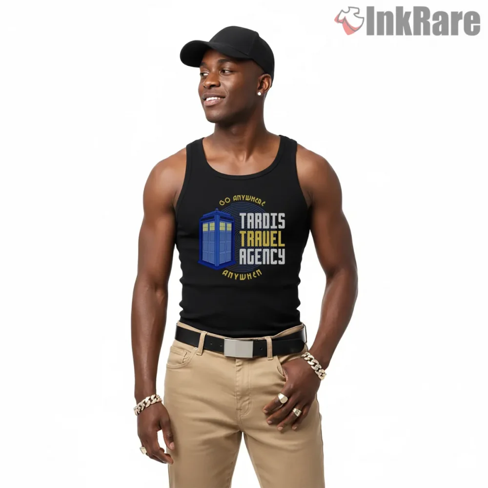 Tardis Travel Agency Vintage Badge Logo Shirt on black tank top for men graphic tee