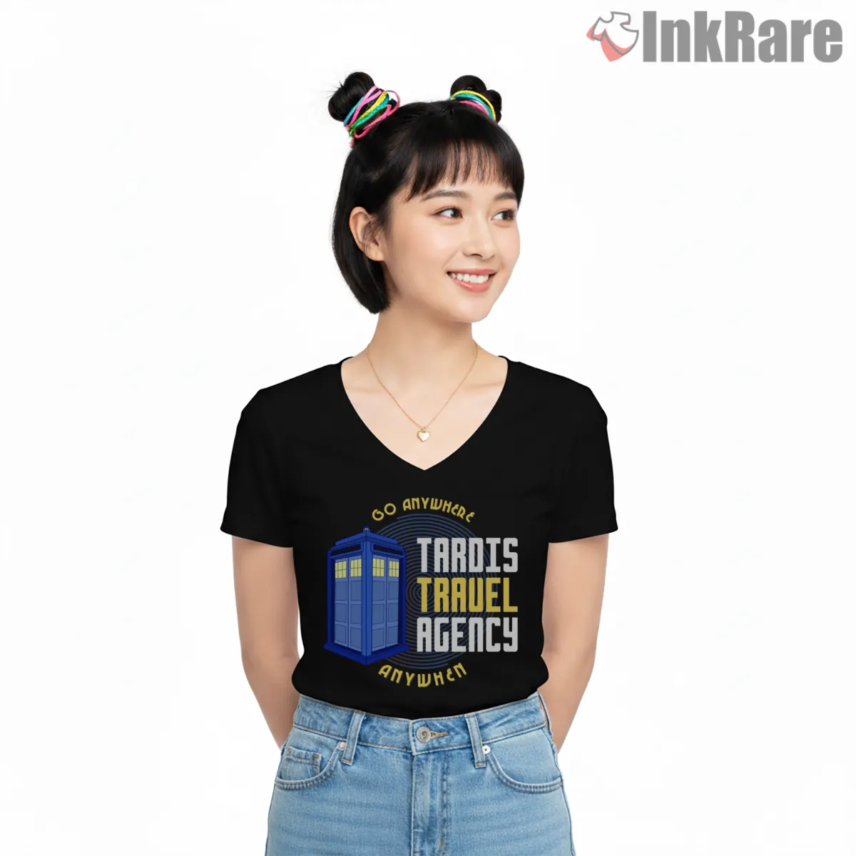 Tardis Travel Agency Vintage Badge Logo V Neck Black Tardis Travel Agency Vintage Badge Logo Shirt on black v-neck shirt for women graphic tee