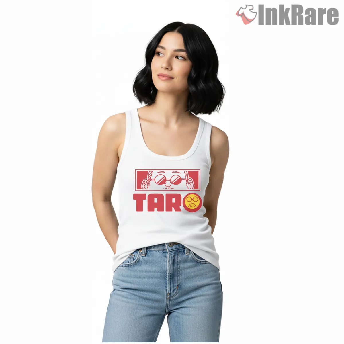Taro Sakamoto Bold Red Typography Logo Anime Shirt on white tank top for women graphic tee
