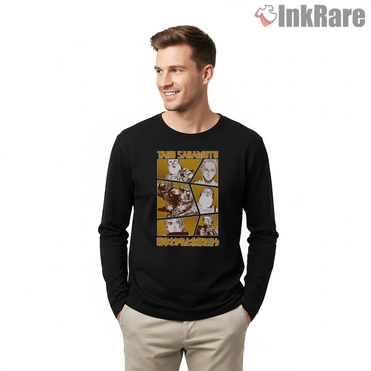Taro Sakamoto Manga Panel Collage Retro Anime Shirt on black long sleeve shirt for men graphic tee