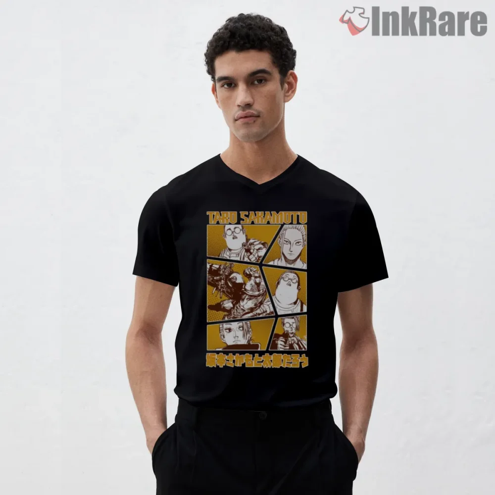 Taro Sakamoto Manga Panel Collage Retro Anime Shirt on black v-neck shirt for men graphic tee