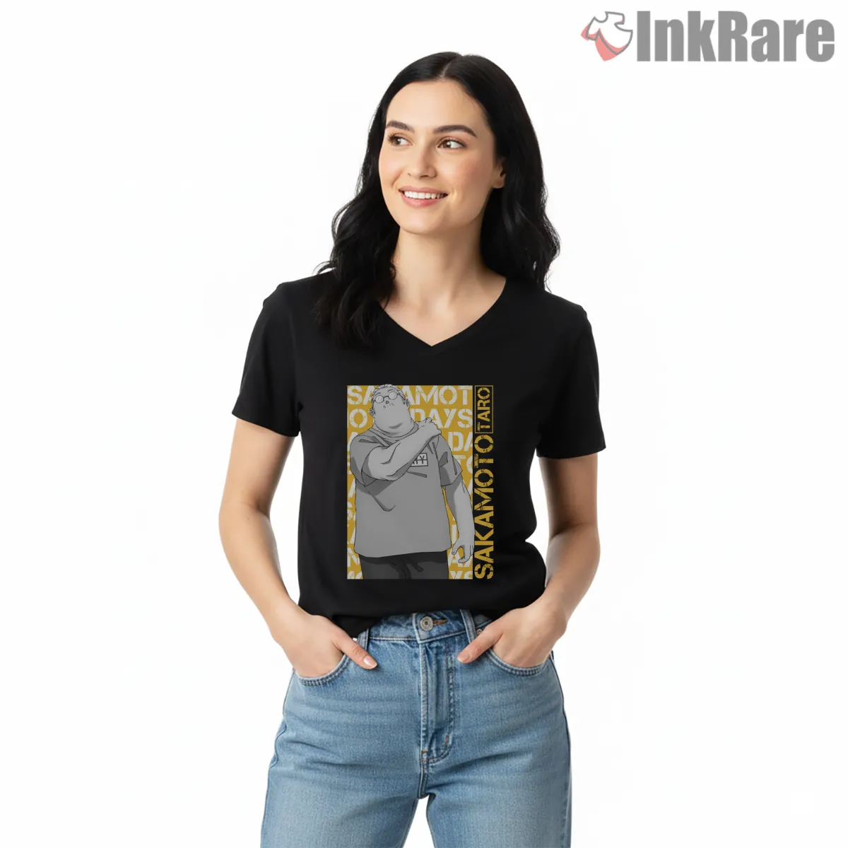 Taro Sakamoto Monochrome Casual Everyday Anime Shirt on black v-neck shirt for women graphic tee