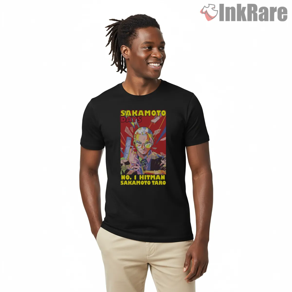 Taro Sakamoto No One Hitman Pop Art Anime Shirt on black short sleeve shirt for men graphic tee