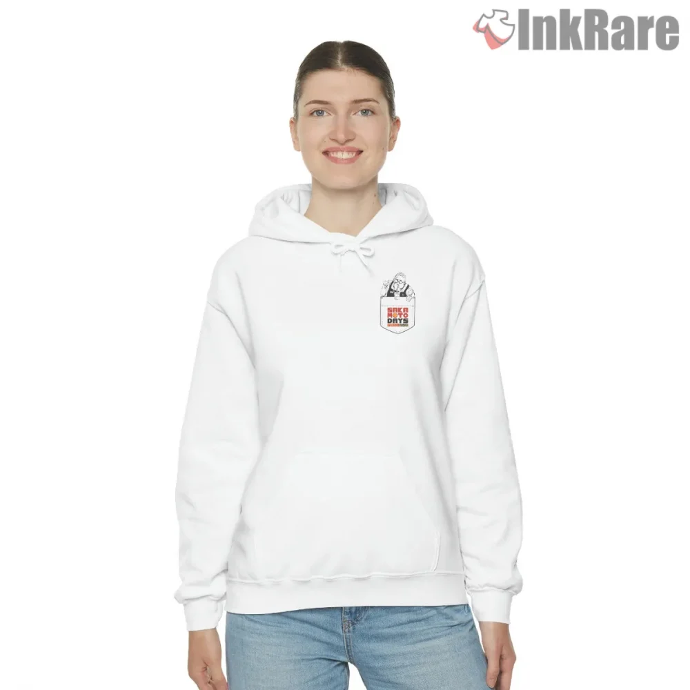 Taro Sakamoto Pocket Peek Minimal Anime Shirt on white hoodie for women graphic tee