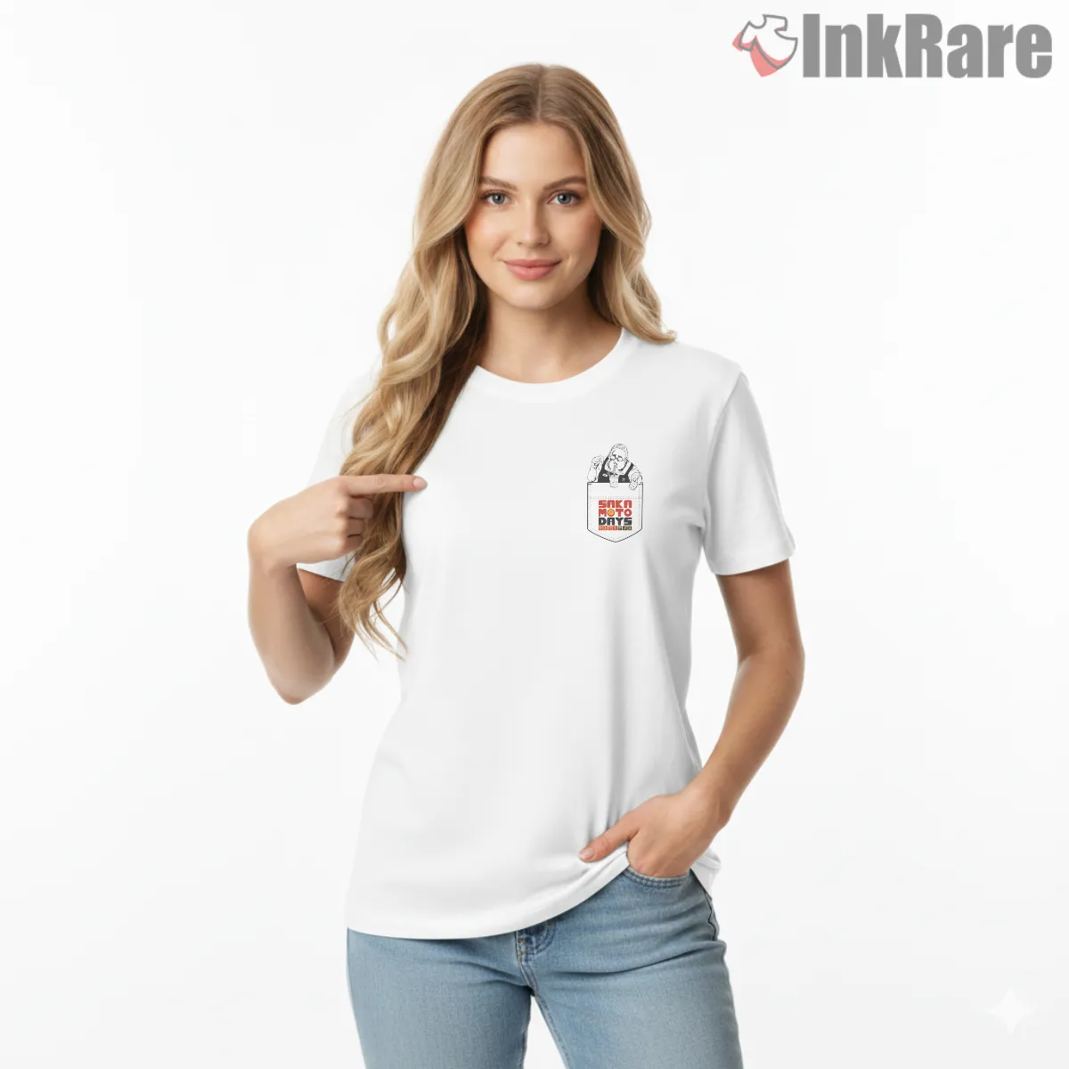 Taro Sakamoto Pocket Peek Minimal Anime Shirt on white short sleeve shirt for women graphic tee
