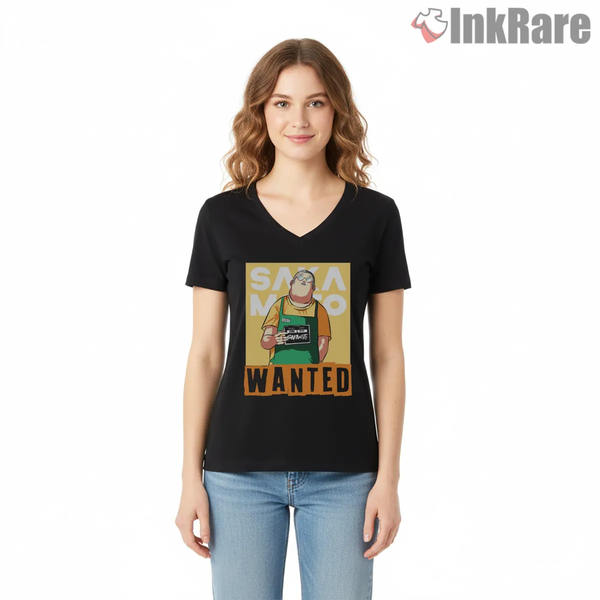Taro Sakamoto Wanted Poster Full Color Anime Shirt on black v-neck shirt for women graphic tee