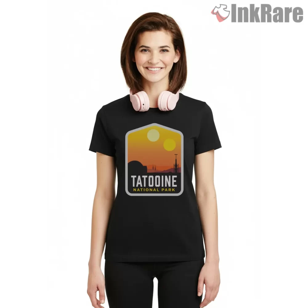 Tatooine National Park Sunset Badge Shirt on black short sleeve shirt for women graphic tee