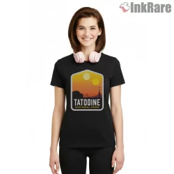 Tatooine National Park Sunset Badge Shirt on black short sleeve shirt for women graphic tee