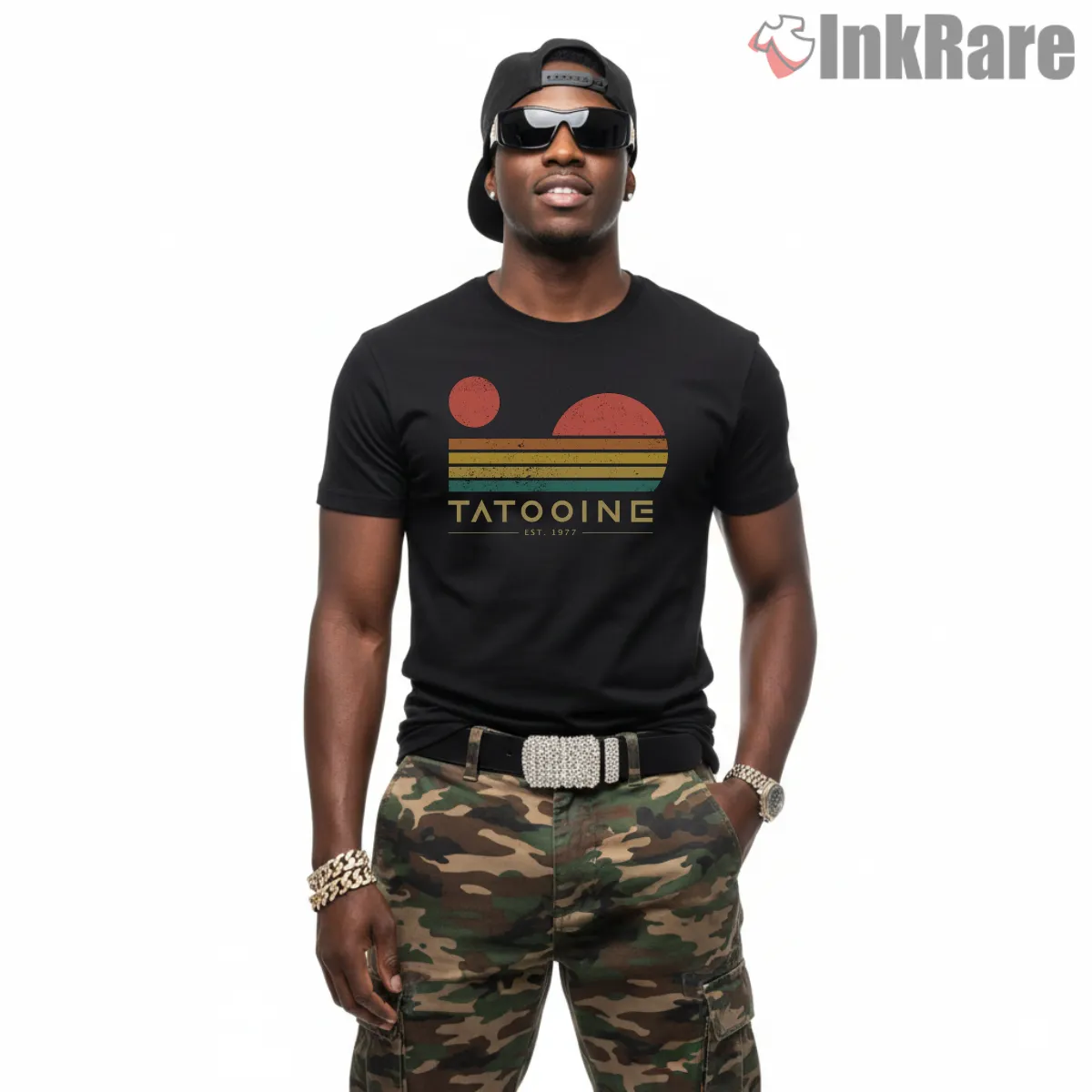 Tatooine Retro Sunset Desert Shirt on black short sleeve shirt for men graphic tee