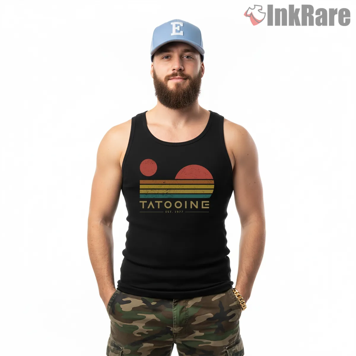 Tatooine Retro Sunset Desert Tank Top Black Tatooine Retro Sunset Desert Shirt on black tank top for men graphic tee