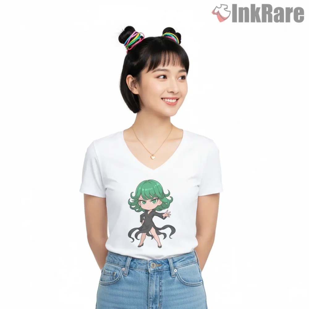 Tatsumaki Chibi Tornado Of Terror Anime Shirt on white v-neck shirt for women graphic tee
