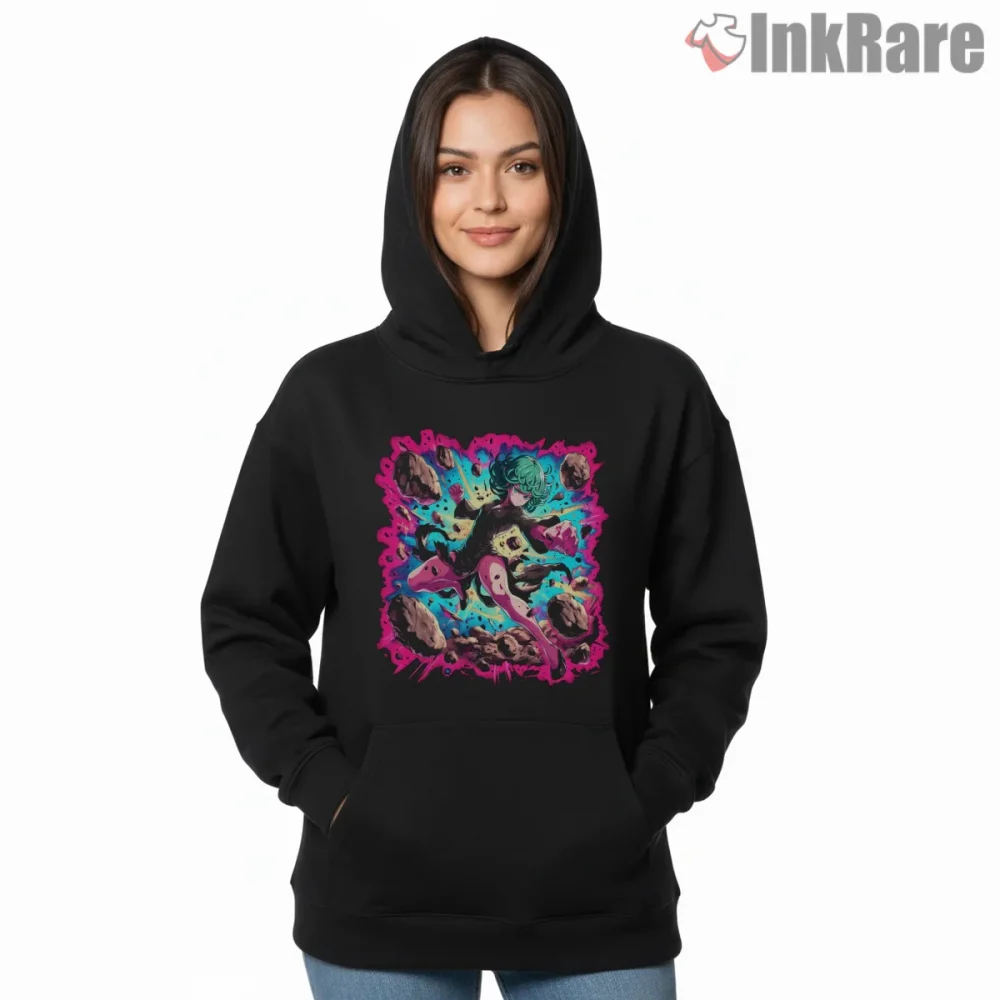 Tatsumaki Cosmic Psychic Explosion Anime Shirt on black hoodie for women graphic tee