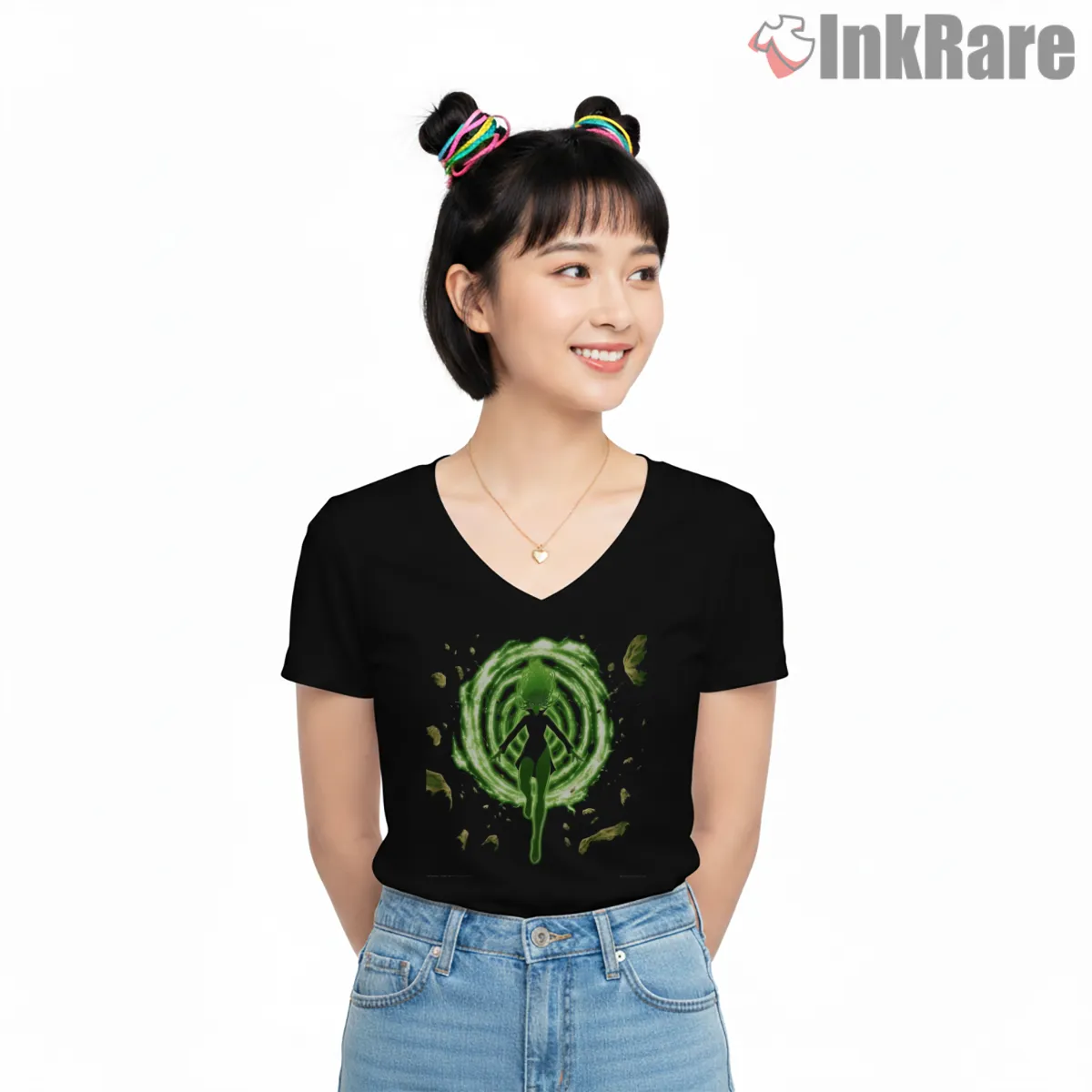Tatsumaki Psychic Energy Storm Anime Shirt on black v-neck shirt for women graphic tee