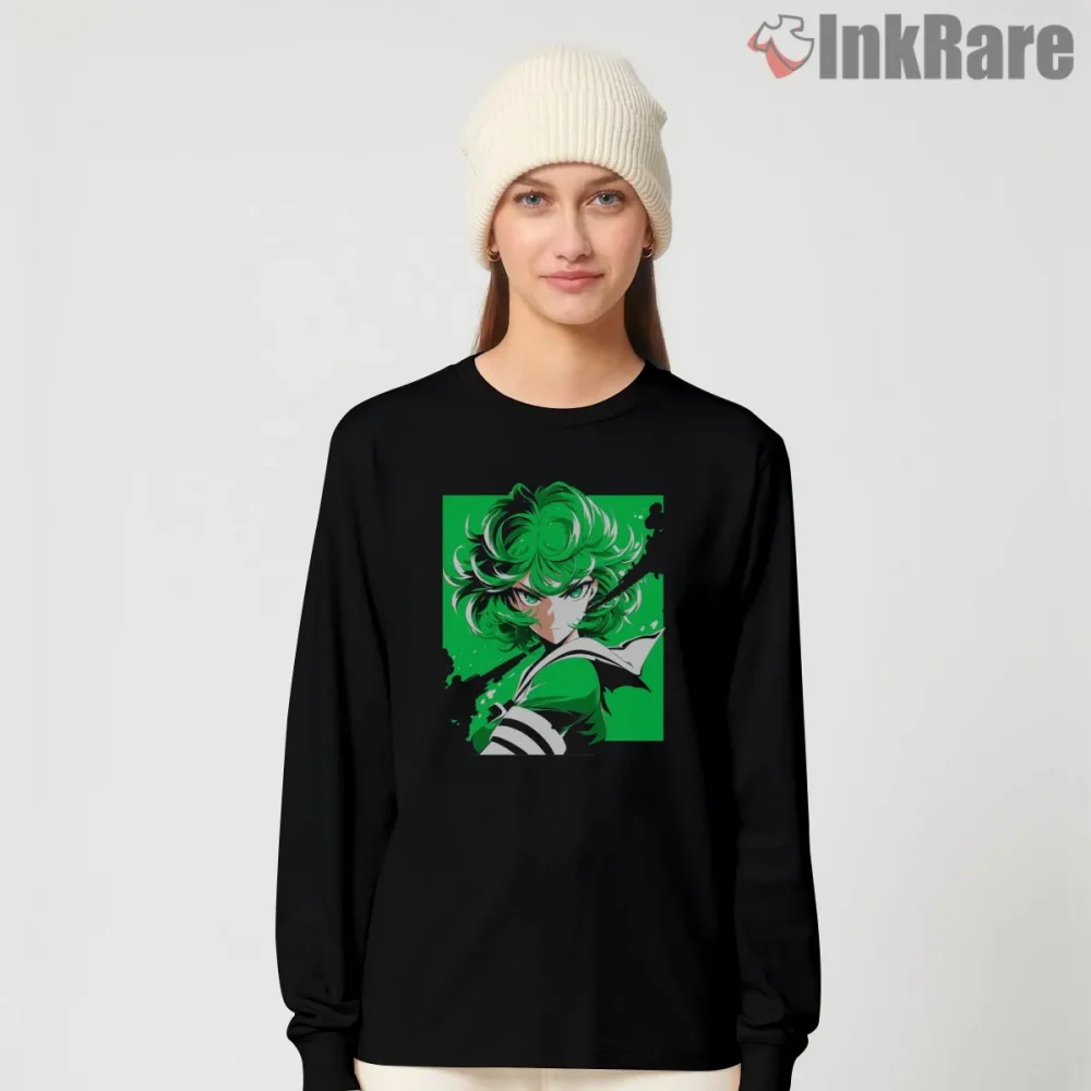 Tatsumaki Psychic Storm Anime Hero Shirt on black long sleeve shirt for women graphic tee