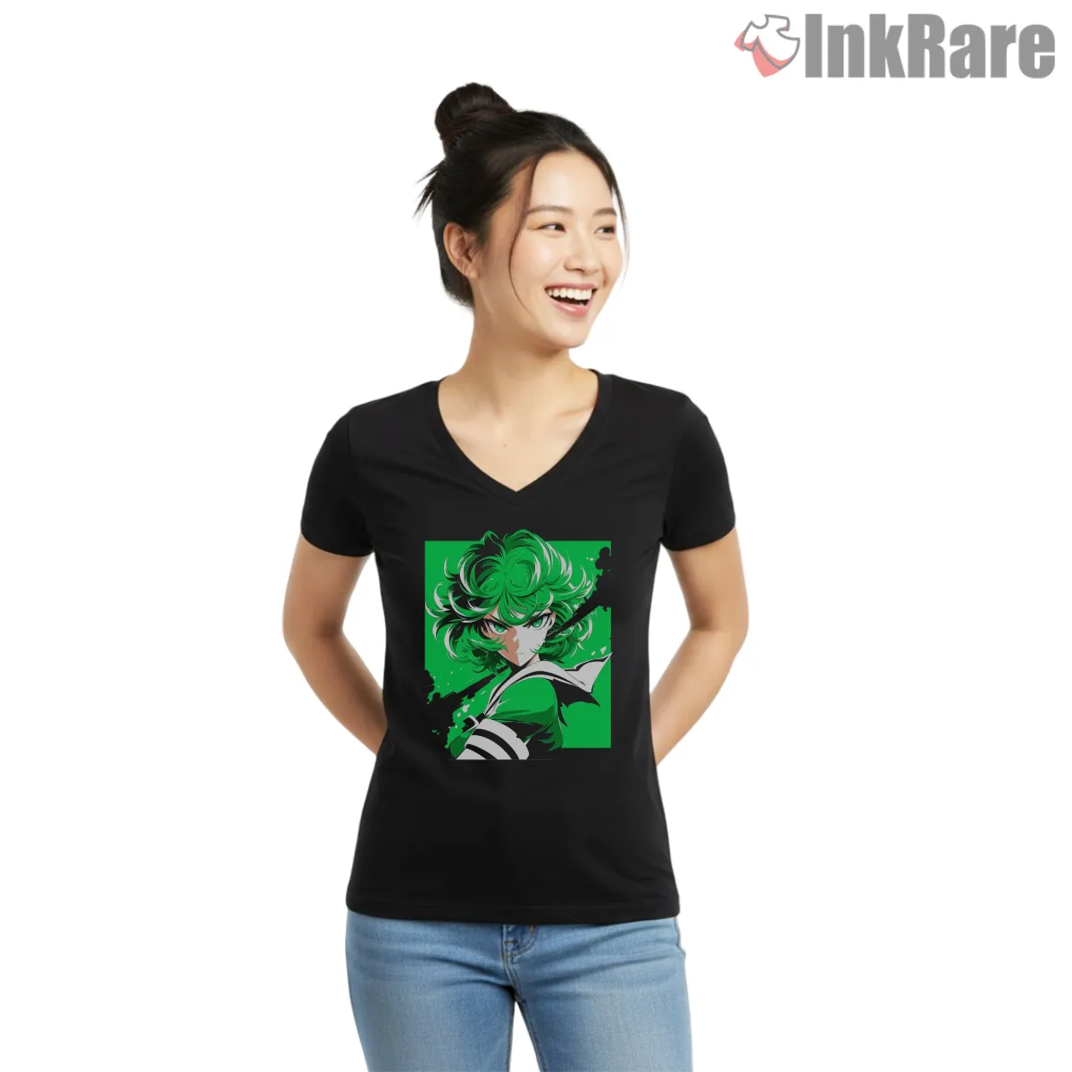 Tatsumaki Psychic Storm Anime Hero Shirt on black v-neck shirt for women graphic tee