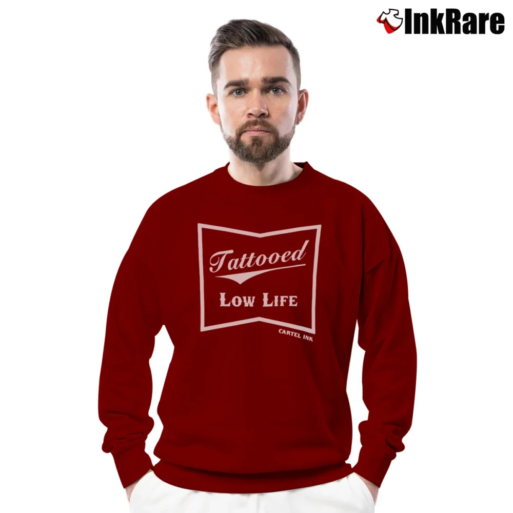 Men’s Tattooed Low Life Cartel Ink Crewneck Sweatshirt in maroon | Cozy Fabric, Clean Style
