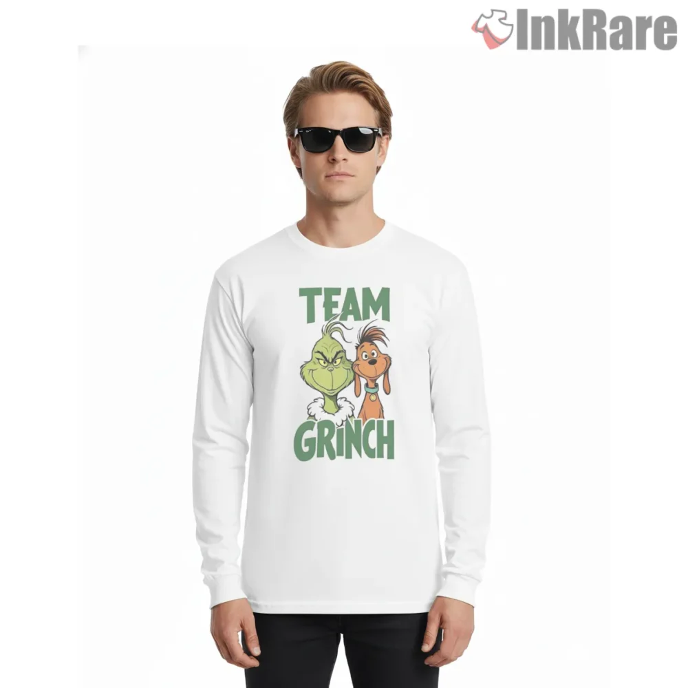 Team Grinch Max Duo Shirt on white long sleeve shirt for men graphic tee