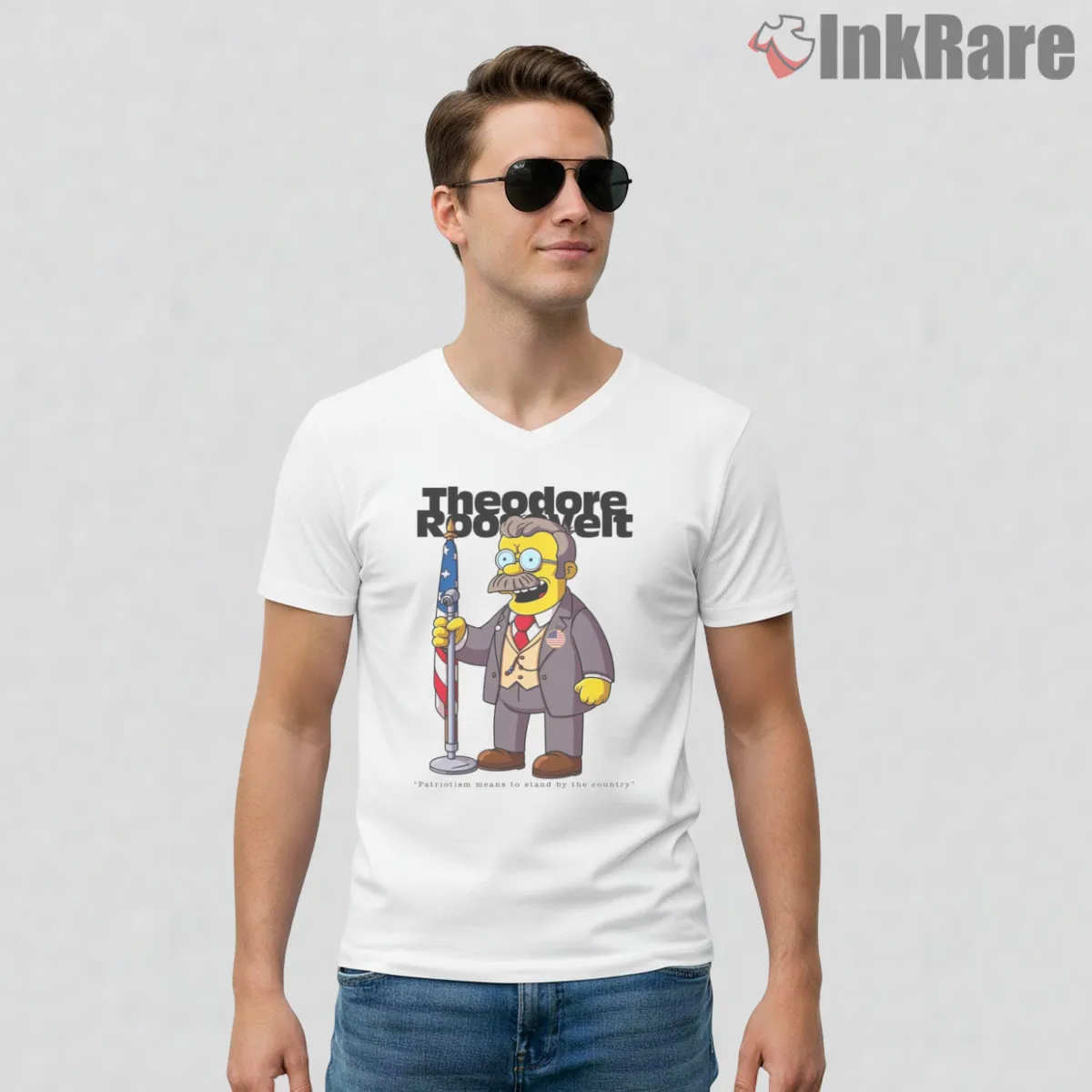 Teddy Roosevelt Simpsons Patriotic Parody Vintage V Neck White Teddy Roosevelt Simpsons Patriotic Parody Vintage Shirt on white v-neck shirt for men graphic tee