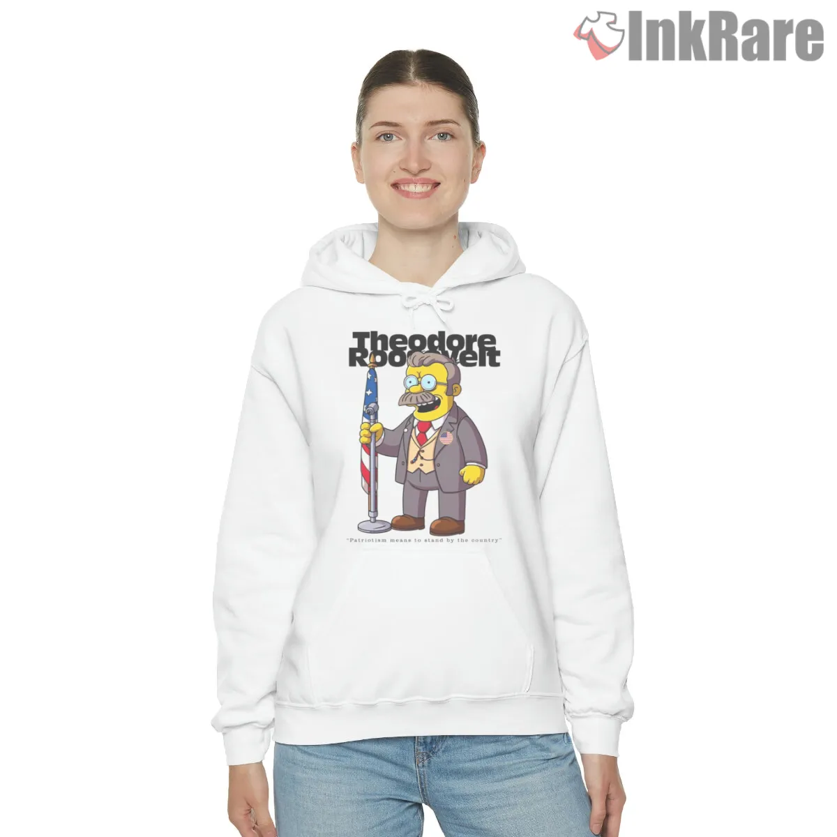 Teddy Roosevelt Simpsons Patriotic Parody Vintage Hoodie White Teddy Roosevelt Simpsons Patriotic Parody Vintage Shirt on white hoodie for women graphic tee
