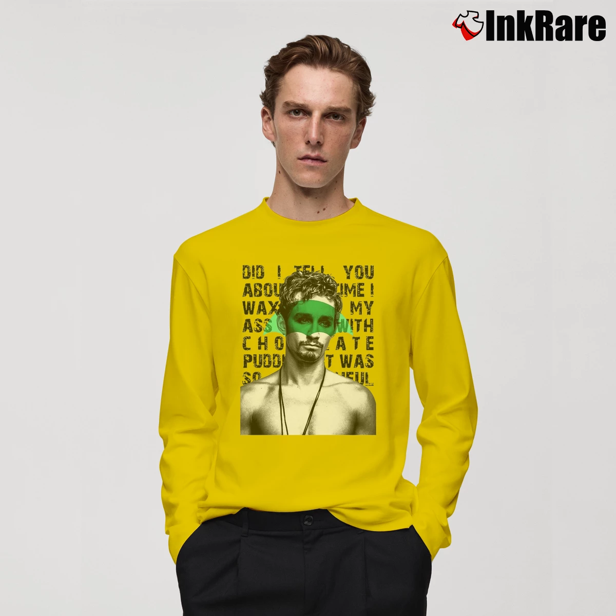 Men’s Teevip Umbrella Academy Klaus And The Chocolate Pudding 2 Long-Sleeve Shirt in yellow | Sleek, Lightweight, Year-Round Wear