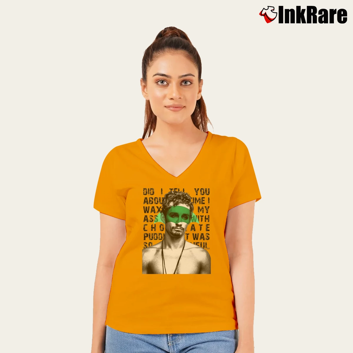 Women’s Teevip Umbrella Academy Klaus And The Chocolate Pudding 2 V-Neck Tee in orange | Chic Neckline, Soft Texture