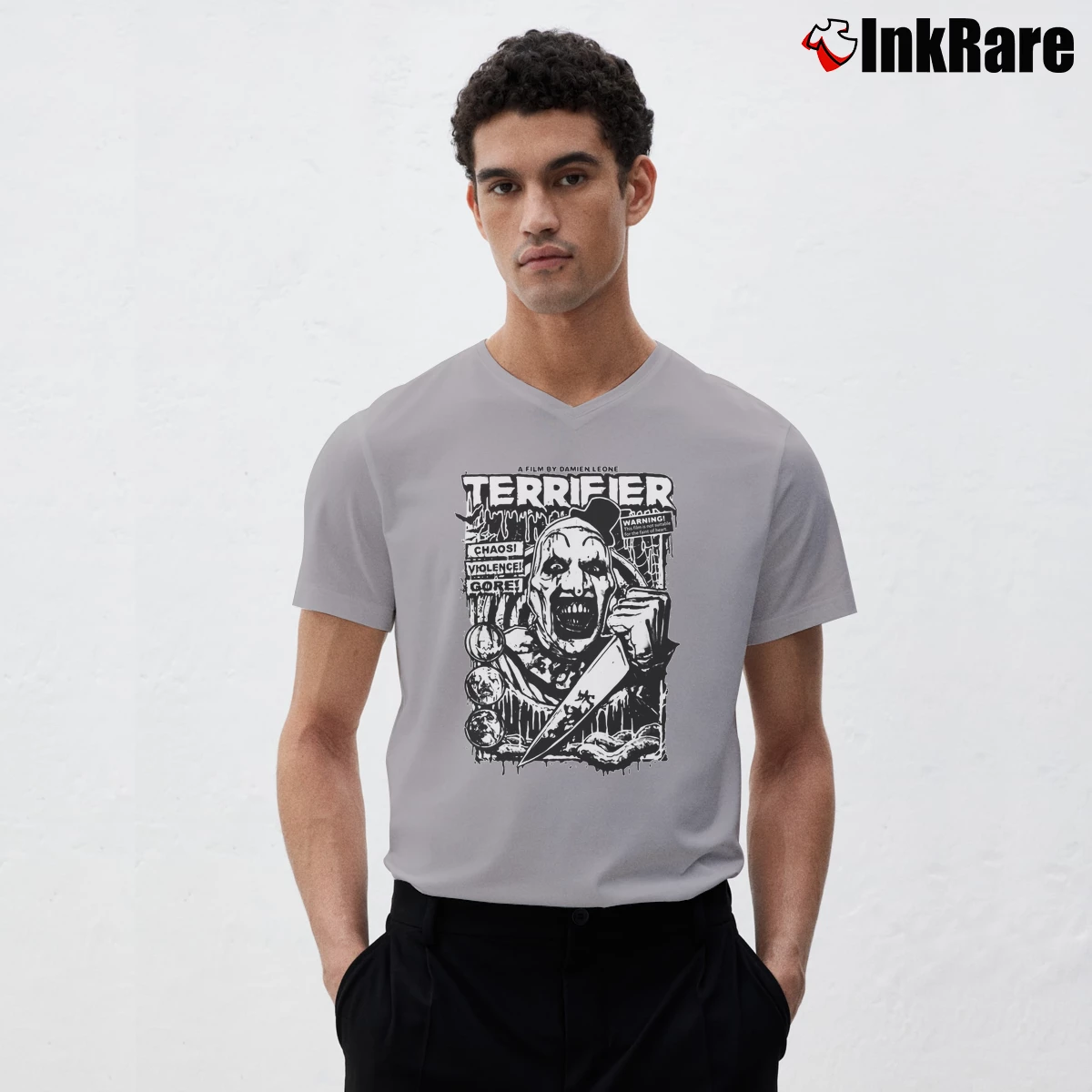 Men’s Terrifier Clown Horror V-Neck Tee in sport grey | Sharp, Breathable, Everyday Staple
