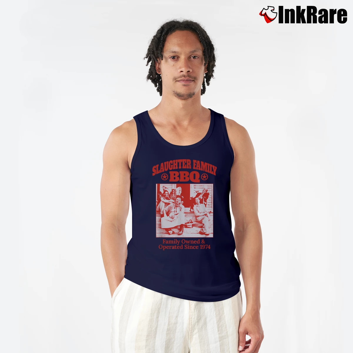 Men’s Texas Chainsaw Massacre Slaughter Family BBQ Tank Top in navy | Breathable, Active-Friendly Design