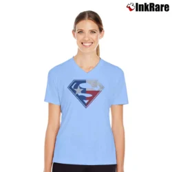 Women’s Texas Flag Superman Logo Lone Star Fan V-Neck Tee in light blue | Chic Neckline, Soft Texture