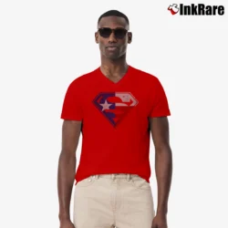 Men’s Texas Flag Superman Logo Lone Star Fan V-Neck Tee in red | Sharp, Breathable, Everyday Staple
