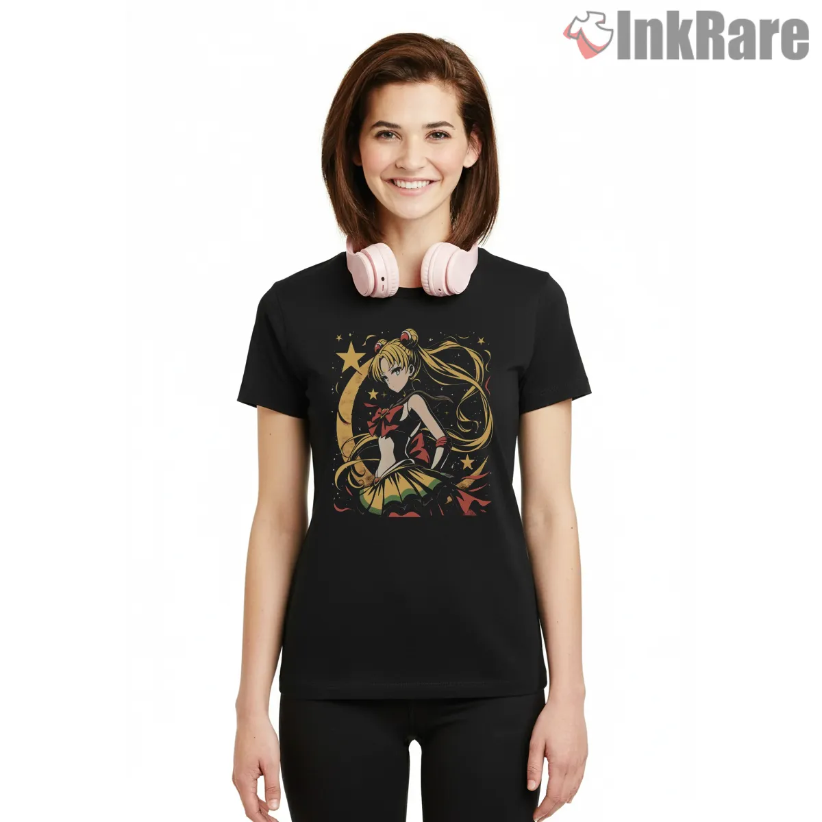 Textured Magical Girl Power Pose Shirt on black short sleeve shirt for women graphic tee