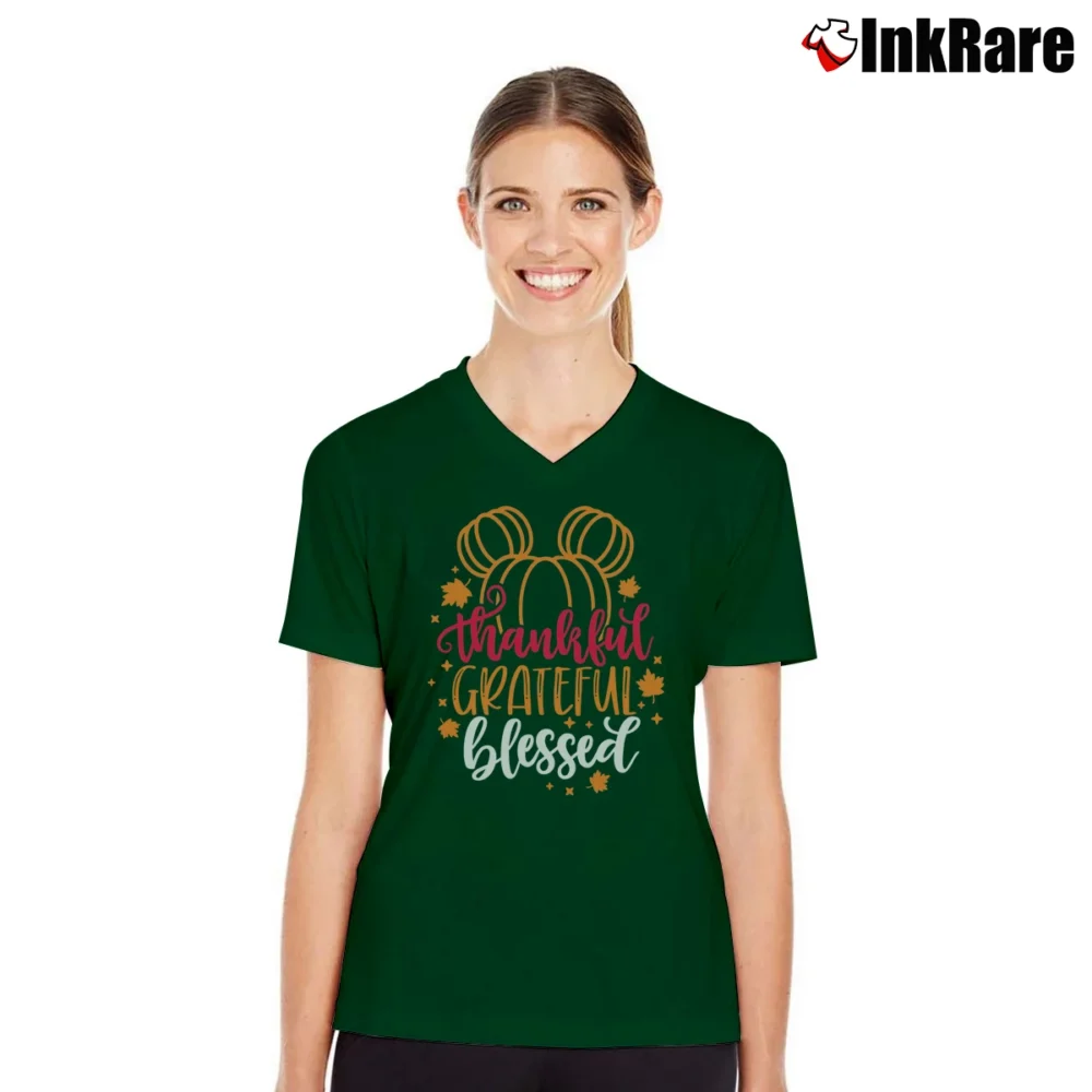 Women’s Thankful Grateful Blessed Disney Thanksgiving Mickey V-Neck Tee in forest green | Chic Neckline, Soft Texture