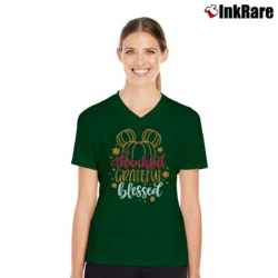 Women’s Thankful Grateful Blessed Disney Thanksgiving Mickey V-Neck Tee in forest green | Chic Neckline, Soft Texture
