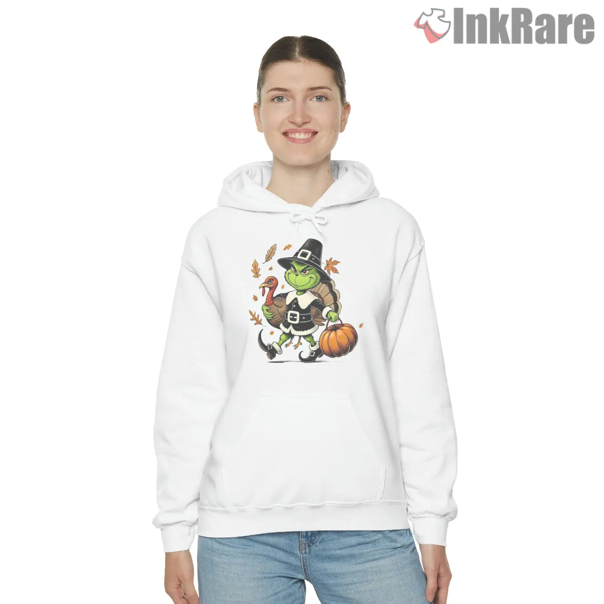 Thanksgiving Pilgrim Grinch Turkey Pumpkin Shirt on white hoodie for women graphic tee
