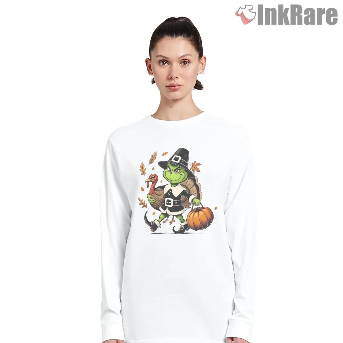 Thanksgiving Pilgrim Grinch Turkey Pumpkin Long Sleeve White Thanksgiving Pilgrim Grinch Turkey Pumpkin Shirt on white long sleeve shirt for women graphic tee
