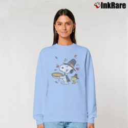 Women’s Thanksgiving Snoopy And Woodstock Pilgrim Relaxed Sweatshirt in light blue | Soft, Laid-Back Vibe