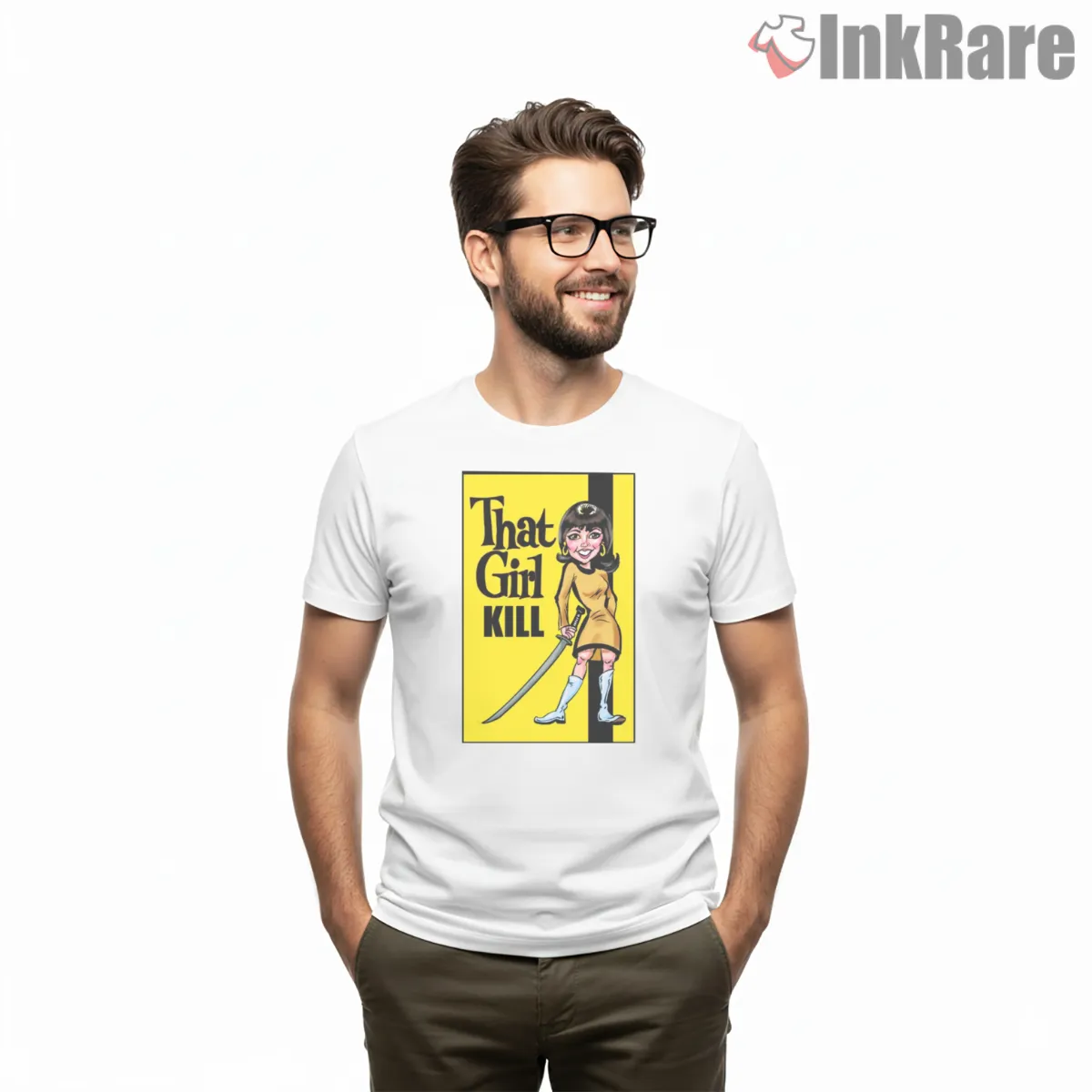 That Girl Kill Retro Cartoon Femme Assassin Short Sleeve White That Girl Kill Retro Cartoon Femme Assassin Shirt on white short sleeve shirt for men graphic tee