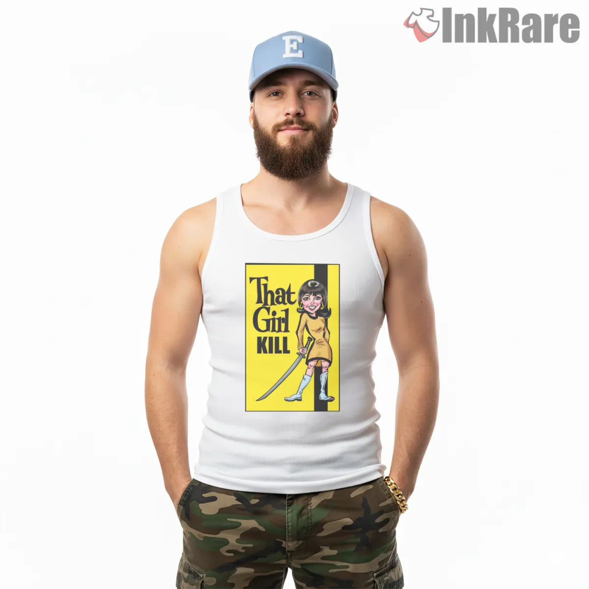 That Girl Kill Retro Cartoon Femme Assassin Tank Top White That Girl Kill Retro Cartoon Femme Assassin Shirt on white tank top for men graphic tee